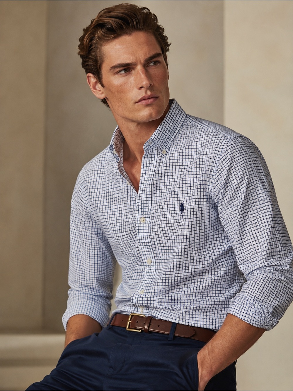 Ralph Lauren Men’s Navy and White Windowpane Button-Down Shirt